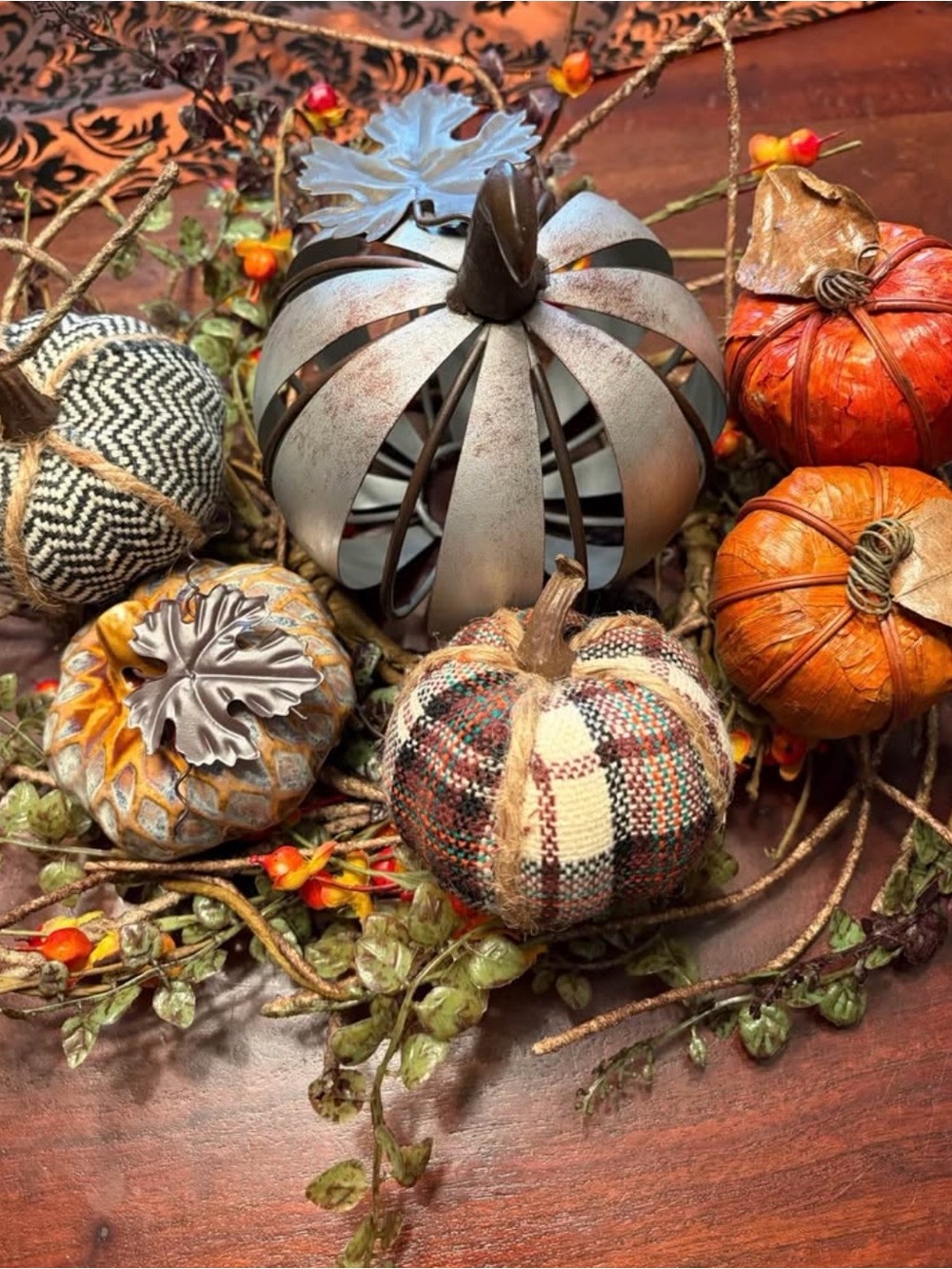Fall Pumpkin Table Accent Set - Multicolor Fabric & Metal Pumpkins